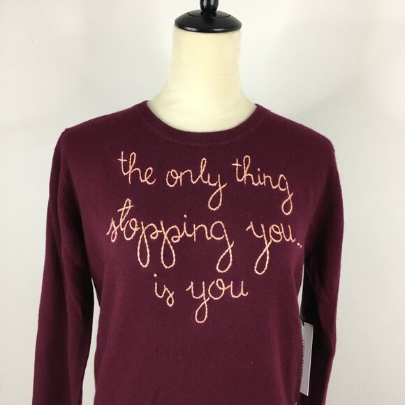 NWT LINGUA FRANCA Dark Red Peach Embroidery 100% Cashmere Knit Sweater - Picture 5 of 8